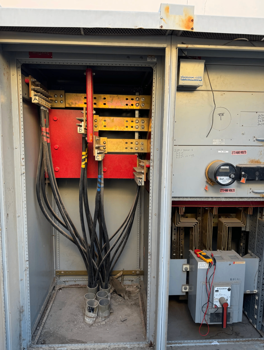 Commercial electrical bus bars and service conductors inside open gear